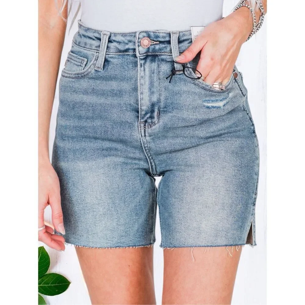 Judy Blue High Rise Side Slit Shorts Vintage Wash Raw Hem Stretch Denim NWT